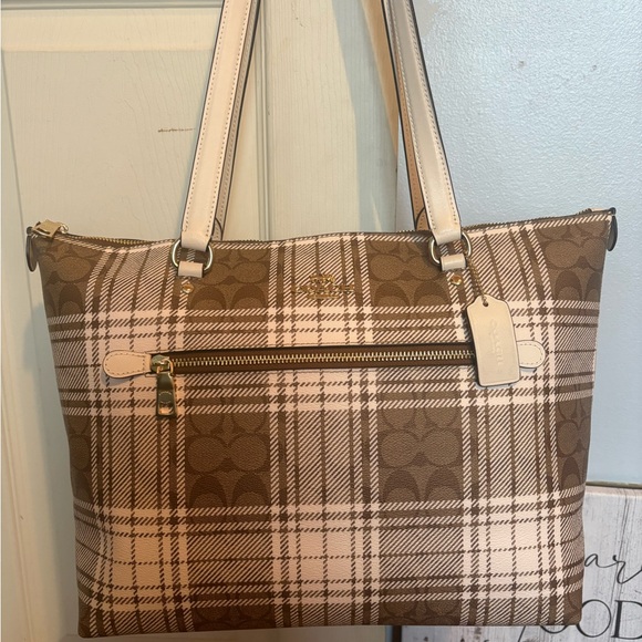 Coach Brown and White Plaid Tote Bag - Picture 3 of 11